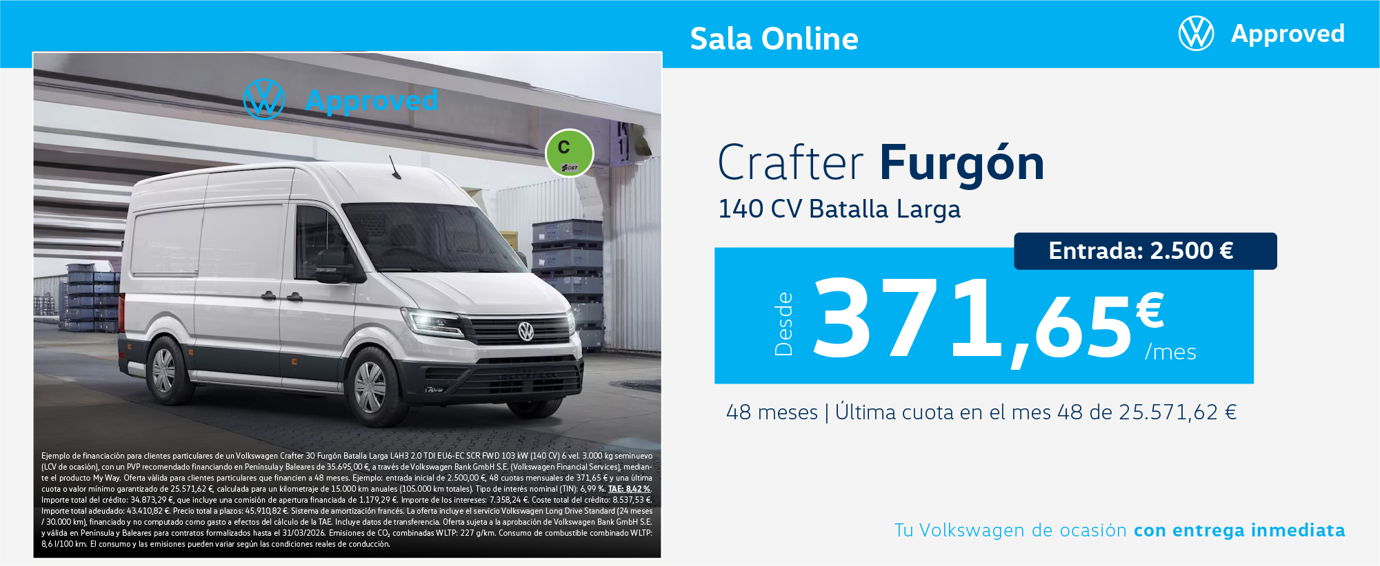 ¡Ocasión! Volkswagen Crafter Furgón por 371,65€/mes SIN ENTRADA
